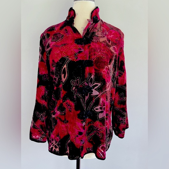 ARIA A Medium Fall Color Velvet Burnout Silk Blend Asian Kimono Top Frog Closure - Picture 1 of 12